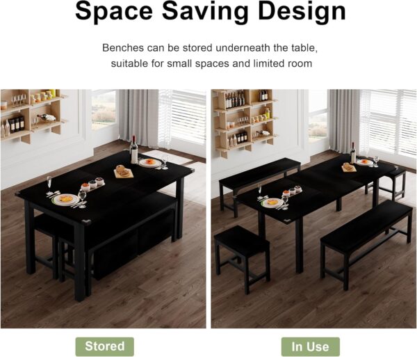 Feonase 5-Piece Dining Table Set for 4-8 People, 63" Large Extendable Kitchen Table Set with 2 Benches and 2 Square Stools, Dining Room Table with MDF Wood Board, Easy Assembly, Black