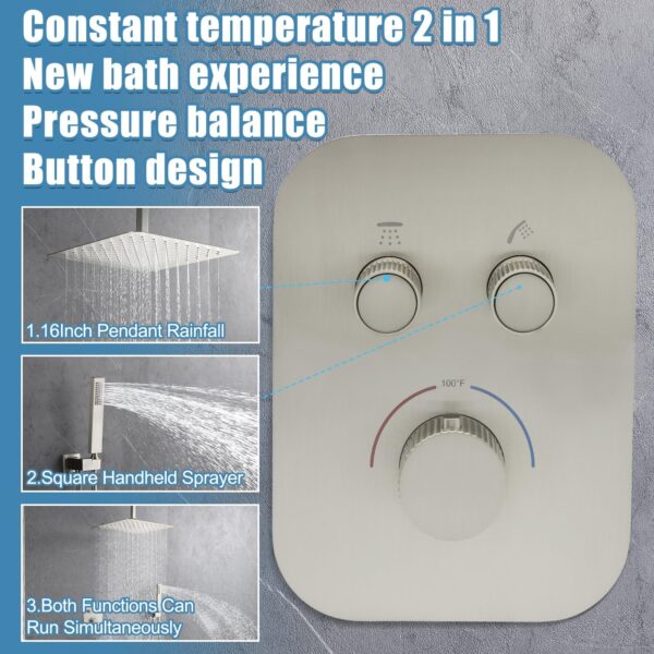 Thermostatic 2 Way Shower Diverter Valve Kit Brushed Nickel - Solid Brass, Adjustable Flow, Temperature Control Mixer Valve - Perfect for Bathroom Renovation（Brushed Nickel）