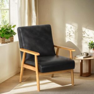 COLAMY PU Leather Accent Chair for Living Room, Mid Century Modern Relaxing Armchair with Solid Wood Frame & Soft Cushion, Reading Leisure Chair with High Back（Black