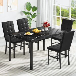 AWQM Products 5-Piece Marble Dining Set, Modern Kitchen Table and Chairs for Dining Room, Dinette, Compact Space Saving Furniture, 4 Upholstered PU Chairs - Black