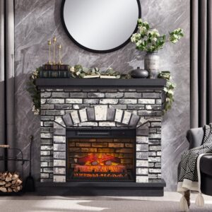 42" Electric Fireplace with Mantel, Farmhouse Fireplace TV Stand w/23'' Freestanding Electric Fireplace Heater, Remote Control, Adjustable 3D Realistic Flame Level for Living Room, Light Grey