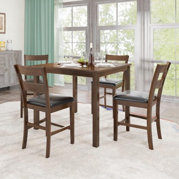 AMERLIFE Solid Wood 5-Piece Dining Table Set, Mid Century Modern Dining Table W/ 4 Chairs, Chairs with Curved Backrests & PU Cushioned, Space Saving Table & Chairs, Black/Walnut