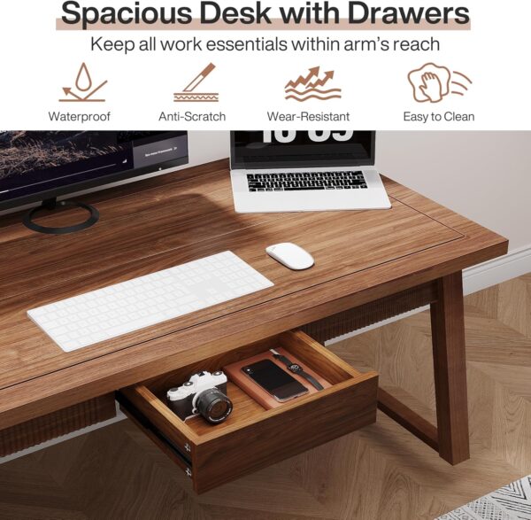 Tribesigns Home Office Executive Desk: 55 Inches Wooden Computer Desk with Drawer, Mid-Century Modern Study Writing Table, Rustic PC Laptop Desk Workstation Furniture, Walnut Brown