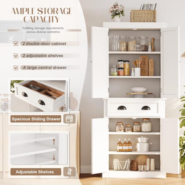 YESHOMY 72" Tall Storage Cabinet with Adjustable Shelves, Kitchen Pantry, Large Cupborad with 1 Drawer, Metal Handle, for Living Room, Bathroom, White