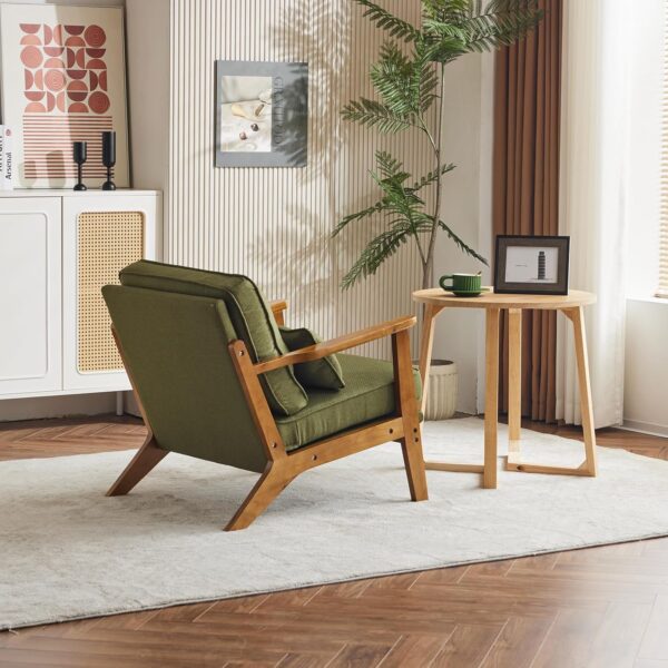Karl home Accent Chair Wide Armrest Mid-Century Lounge Chair Linen Fabric Armchair with Lumbar Pillow & Solid Wood Frame for Living Room, Bedroom, Balcony, Green