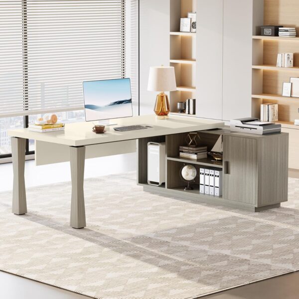 Tribesigns 78.7-Inch Executive Desk, L-Shaped Desk with Cabinet, Large Office Desk with Storage Shelves, Writing Table Desk Business Furniture Set for Home Office, Gray and Cream White