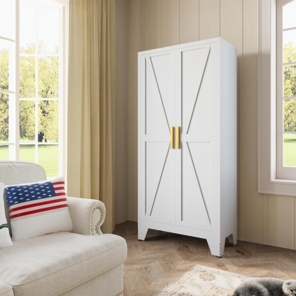 White Farmhouse Storage Kitchen Pantry Cabinet with 2 Barn Door, 3 Adjustable Shelves and Legs, for Cupboard/Dining Room/Bathroom/Living Room/Office/Laundry Room (White, 61" Farmhouse)
