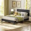Giantex Wood Queen Platform Bed Frame with Headboard, Mid Century Bed Frame with Solid Wood Legs & Wooden Slat Support, Easy Assembly Supports 500 LBS, Black Bed