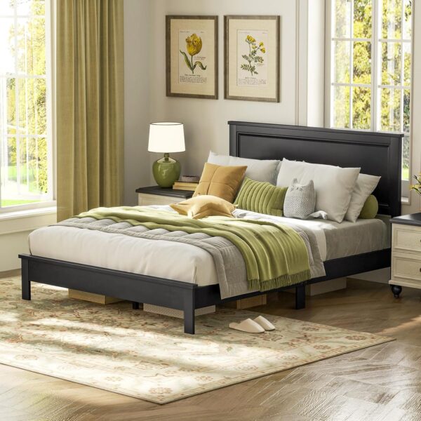 Giantex Wood Queen Platform Bed Frame with Headboard, Mid Century Bed Frame with Solid Wood Legs & Wooden Slat Support, Easy Assembly Supports 500 LBS, Black Bed