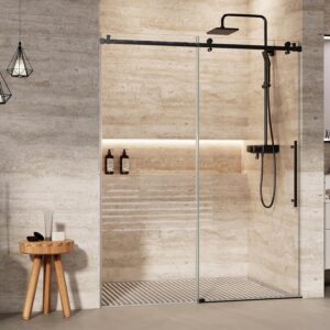 Shower Glass Door with Waterroof Seal Strip, Adjustable (56-60" W x 75 "H) Frameless Sliding Shower Door with Easy-Clean Coating SGCC Tempered Glass 5/16" (8mm), Stainless Steel Hardware, Black