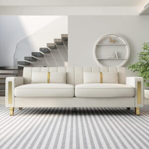 Modern Velvet Sofa Couch, 86" Large Loveseat Sectional Sofa Couch with Gold Legs for 3-4 Persons, Upholstered Deep Seat Love Seat Sofa Chaise for Living Room Office Apartment Beige