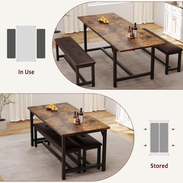 IDEALHOUSE Dining Table Set for 4-6, 3 Piece Large Extendable Kitchen Table Set for 6, 63" Rectangle Kitchen Table Set with 2 Upholstered Benches for Apartment, Dining Room, Space Save, Retro Brown