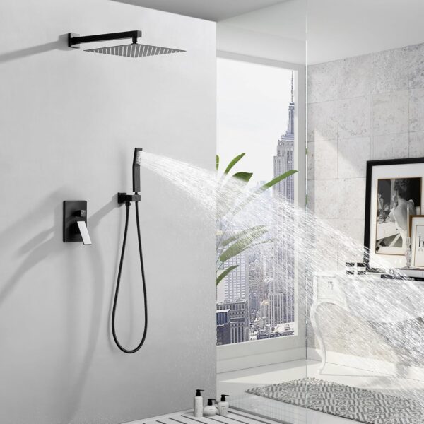 81Vc4POzB9L._AC_SL1500_.jpg WELLFOR 12-In Wall Mounted Rain Shower Faucet with Single Handle and Handheld Spray, Waterfall Dual Head Shower Head System with 2-way Diverter, Pressure-balanced Valve Included, Matte Black