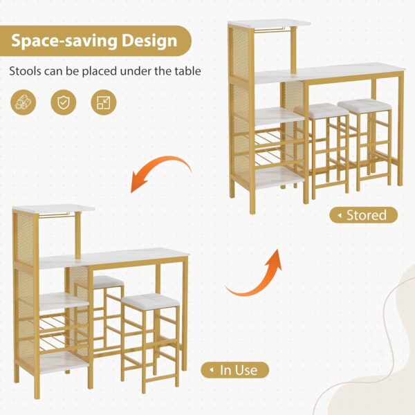 VECELO Bar Table and Chairs Set for 2, 3-Piece Dining Set with Storage Shelves, Cup Holder & Wine Rack, PU Leather Cushion Stools, for Kitchen Small Space, Gold