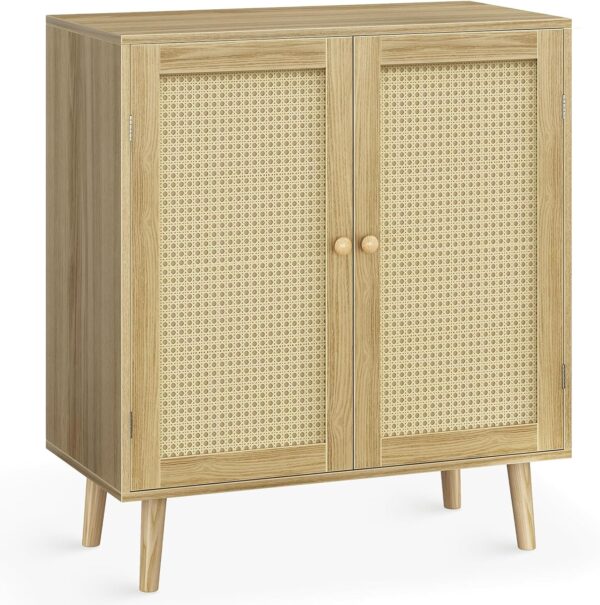 Huuger Buffet Cabinet with Storage, Storage Cabinet with PE Rattan Decor Doors, Accent Cabinet with Solid Wood Feet, Sideboard Cabinet for Hallway, Entry, Living Room, Natural