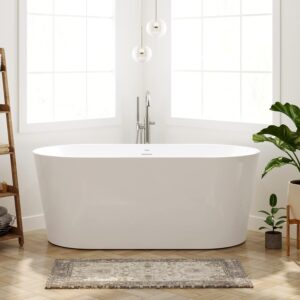FerdY Shangri-La 59"x30" Freestanding Bathtub, Modern Oval Acrylic Soaking Bathtub with Brushed Nickel Drain & Integrated Slotted Overflow, Glossy White, cUPC Certified, 02522
