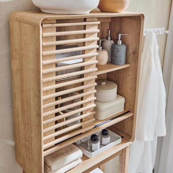 OKD 68" Over The Toilet Storage Cabinet, Mid-Century Bathroom Organizer w/Slatted Sliding Door, Adjustable Shelf, Curved Edges, Space-Saving Design for Bathroom, Kitchen, or Living Room - Natural Oak