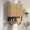 RUSTOWN Fluted Bathroom Wall Cabinet with 2 Doors, 3-Tier Modern Farmhouse Medicine Cabinet, Over The Toilet Storage Cabinet with Adjustable Shelf and Towel Bar(Natural, Small)