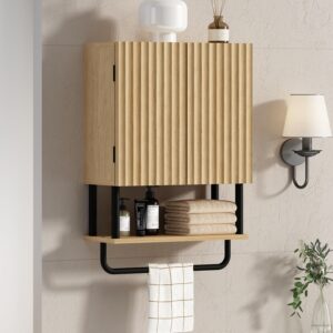 RUSTOWN Fluted Bathroom Wall Cabinet with 2 Doors, 3-Tier Modern Farmhouse Medicine Cabinet, Over The Toilet Storage Cabinet with Adjustable Shelf and Towel Bar(Natural, Small)