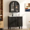 Arched Wall Cabinet, Modern Medicine Cabinet Wall Mounted Cupboard, Farmhouse Bathroom Storage Cabinet with Glass Door & Adjustable Shelf, Wooden Organizer for Kitchen (Black-Oak)