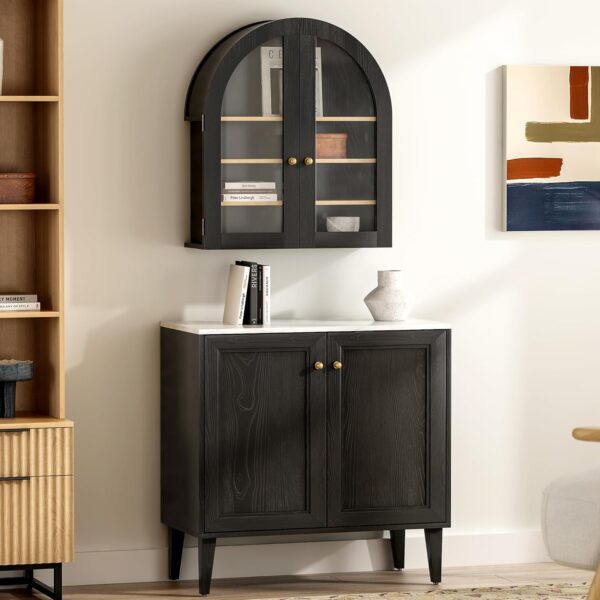 Arched Wall Cabinet, Modern Medicine Cabinet Wall Mounted Cupboard, Farmhouse Bathroom Storage Cabinet with Glass Door & Adjustable Shelf, Wooden Organizer for Kitchen (Black-Oak)