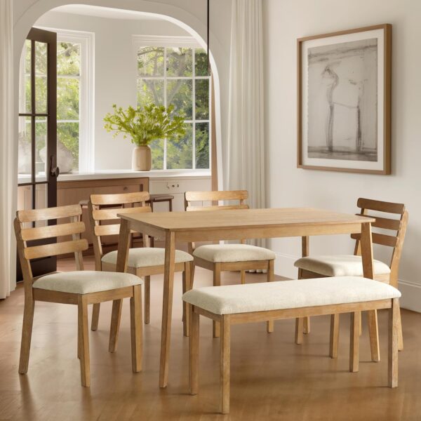 4-Piece Farmhouse Dining Set, Wooden Table with 2 Chairs, Bench Seat, Mid-Century Modern Wooden Table & Upholstered Chair Set for Home, Kitchen, Dining Room, Solidwood Legs