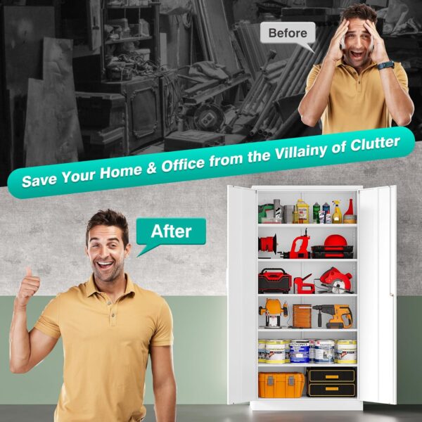 SISESOL White Metal Storage Storage Cabinet with 5 Adjustable Shelves,Metal Cabinet with Locking Doors,Steel Pantry Cabinet with Lock,71" Lockable Storage Cabinet for Home,Office,Garage,Kitchen,Shop