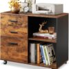 DEVAISE 3 Drawer Mobile File Cabinet, Wood Lateral Filing Cabinet, Printer Stand with Open Shelves for Home Office, Rustic Brown