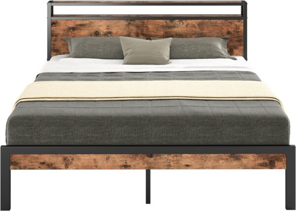 LIKIMIO Full Bed Frame, Platform Bed Frame Full with 2-Tier Storage Headboard and Strong Support Legs, More Sturdy, Noise-Free, No Box Spring Needed, Vintage Brown