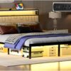 Full Bed Frame with LED Lights, Metal Platform Frame Upholstered Headboard, Charging Station, Storage Shelves, Heavy Duty Metal Slats, No Box Spring Needed, Noise Free, Easy Assembly, Black