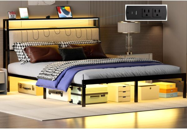 Full Bed Frame with LED Lights, Metal Platform Frame Upholstered Headboard, Charging Station, Storage Shelves, Heavy Duty Metal Slats, No Box Spring Needed, Noise Free, Easy Assembly, Black
