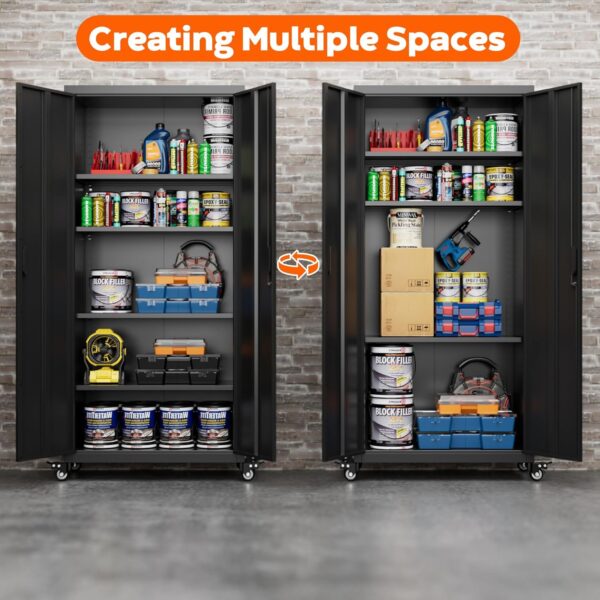 73" Tall Garage Storage Cabinets with Wheels, Metal Storage Cabinets with Locking Doors and 4 Adjustable Shelves for Garage Home, Assembly Required, Black