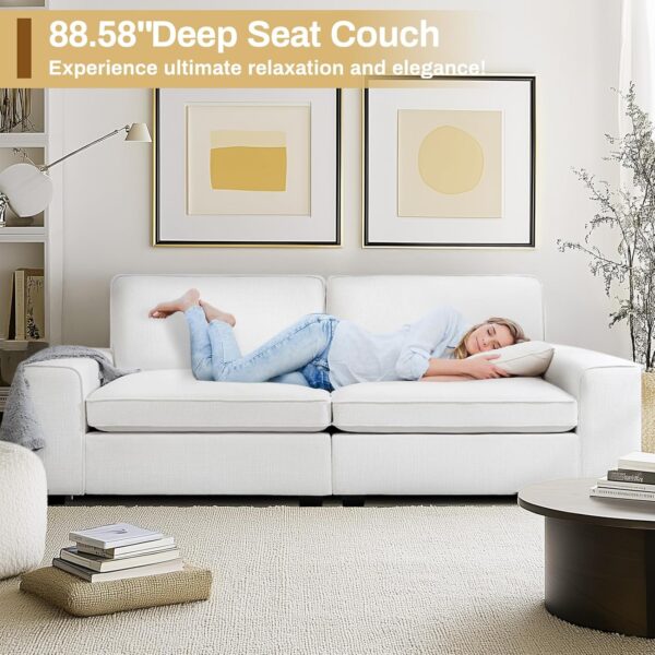 88.58" Modern Sofas for Living Room Linen Breathable Loveseat Sofas & Couches with Square Wide Armrest and Removable Sofa Cushion Off-White