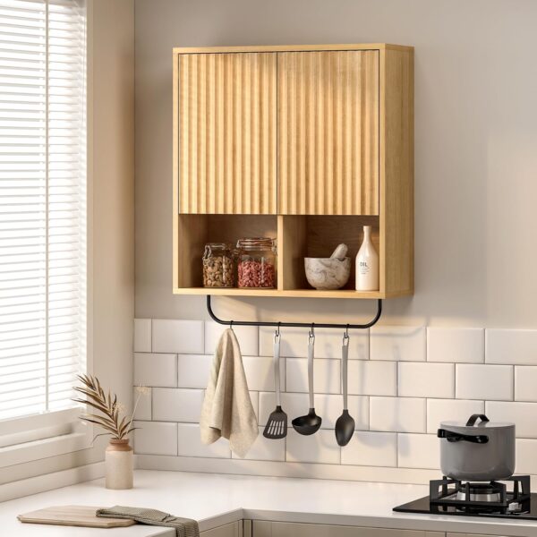 Fluted Bathroom Wall Cabinet, Wooden Medicine Cabinet Storage with Hanging Rod 2 Doors, Adjustable Shelf, Modern Wall Mount Large Floating Cabinet for Kitchen Laundry Room Natural Oak