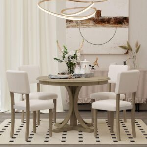 Merax 5-Piece Retro Round Dining Table Set with Curved Trestle Style Legs and 4 Upholstered Chairs, Kitchen Furniture, Taupe