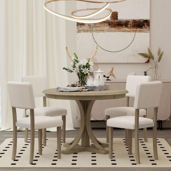 Merax 5-Piece Retro Round Dining Table Set with Curved Trestle Style Legs and 4 Upholstered Chairs, Kitchen Furniture, Taupe