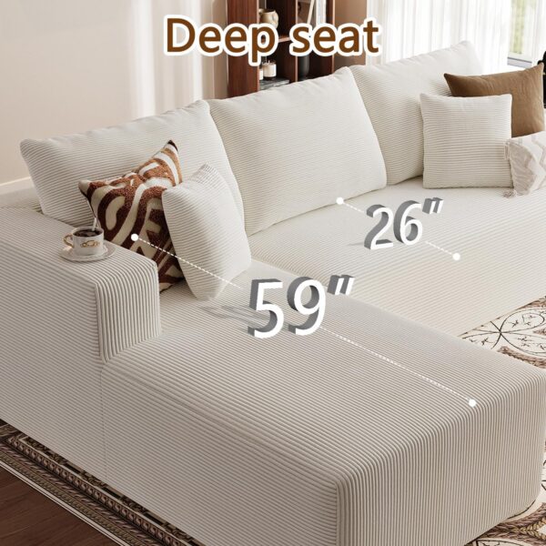 104" Cloud Sectional Couch with L Shape Chaise Modern Modular Compressed Sofa with Deep Seat Corduroy Memory Foam Couches for Living Room Bedroom Cream White No Assembly Required