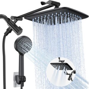 Veken High Pressure Rain Shower Head Combo with Extension Arm- Easy to Install Wide Rainfall Showerhead with 3 Water Spray Modes – Adjustable Dual Showerhead with Anti-Clog Nozzles
