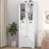67" Tall Bathroom Storage Cabinet, Freestanding Linen Cabinet with Glass Doors and Shelves, Large Bathroom Pantry Cabinet with 2 Drawers for Living Room, Kitchen, Dining Room, Office, White