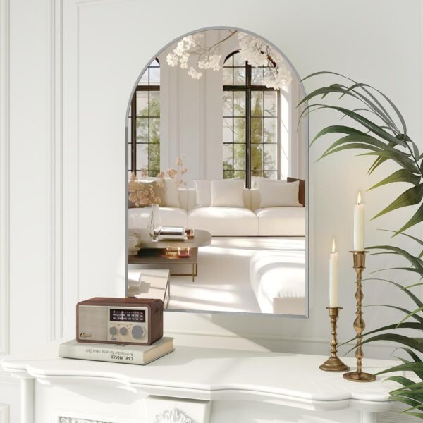 Silver Medicine Cabinet with Mirror, Bathroom Arched Medicine Cabinet Wall Mounted, Modern Vanity Mirror with Storage, Mirrored Cabinet with Adjustable Shelves, Not Recessed, 24x36 Inch