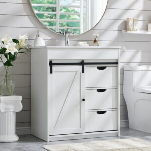 30" Farmhouse Bathroom Vanity with Sink, Bathroom Vanity w/Sliding Barn Door, Modern Bathroom Cabinet w/3 Drawers & Adjustable Shelves,Floor Standing Bathroom Vanity w/Metal Handle, White