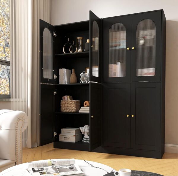 71" Tall Kitchen Pantry Cabinet, Kitchen Storage Cabinet with Glass Doors and Adjustable Shelves, Wood Food Pantry Cabinet, Freestanding Cupboard for Kitchen, Dining Room, Black