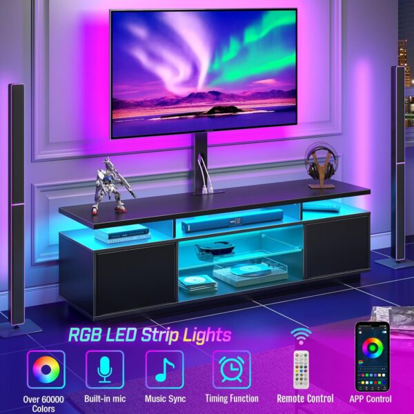 Rolanstar TV Stand with Mount and Power Outlet 51.2", Swivel TV Stand Mount for 32/45/55/60/65/70 inch TVs, Height Adjustable Modern Entertainment Center with Storage & LED Lights, TV Table Black