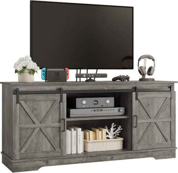YITAHOME Farmhouse TV Stand for 65/60/55 Inch, Modern Entertainment Center with Sliding Barn Door, Wood TV Media Console Storage TV Cabinet for Living Room for 300lbs, Rustic Grey