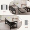 IDEALHOUSE 3 Piece Dining Table Set for 4-6, 63" Extendable Kitchen Table and Bench Set for 6, Metal Frame Rectangle Kitchen Table Set with 2 Upholstered Benches for Dining Room, Apartment, Retro Gray