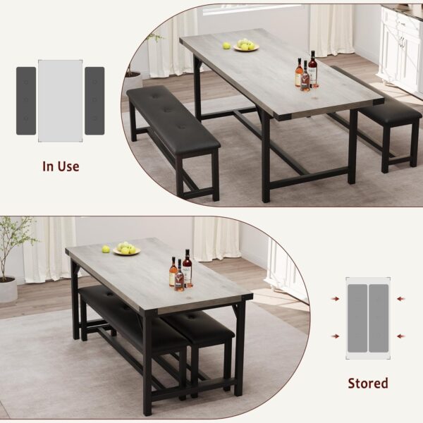 IDEALHOUSE 3 Piece Dining Table Set for 4-6, 63" Extendable Kitchen Table and Bench Set for 6, Metal Frame Rectangle Kitchen Table Set with 2 Upholstered Benches for Dining Room, Apartment, Retro Gray