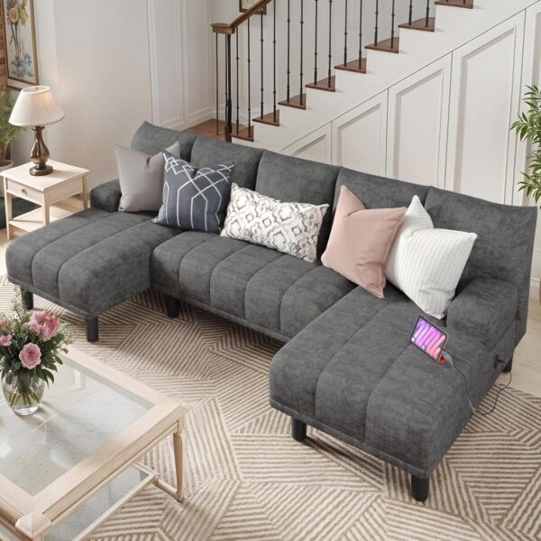 YITAHOME Sectional Couches for Living Room, U Shaped Couch with USB & Type C Charging Ports Chenille Modern Cloud Sofa Double Chaise Sofa Upholstered Couch for Office Apartmant Small Space, Grey