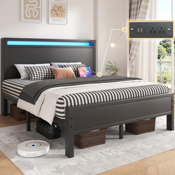 Queen Bed Frame with Headboard, Bed Frame with Charging Station & LED Light, Under-Bed-Storage, No Box Spring Needed, Noise Free, Easy Assembly, Black