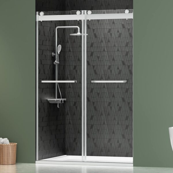 DELAVIN 44"-48" W x 75" H Frameless Shower Door, Double Sliding Shower Door, 5/16"(8mm) Clear Tempered Glass, Noiseless Shatterproof Glass Shower Door with Square Rail, Stainless Steel, Aluminum