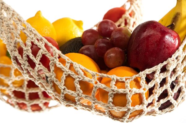 3 Pack Hanging Fruit Hammock - 3 Handwoven Cotton Veggie or Banana Hammocks + 6 PCS Hooks - Kitchen Storage That Saves Counter Space at Home, Boat, or Rv - Hang on Furniture Handles or Under Cabinet